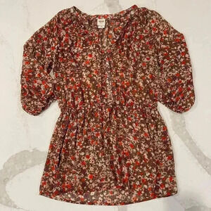 Mossimo Sheer Floral Peasant Top Women's XL Button Front Cinch Waist 3/4Sleeve